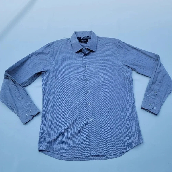 SIGMAN Mens Shirt Long Sleeve Button Down slim Gray Stripe Cotton Stretch L - Picture 1 of 9